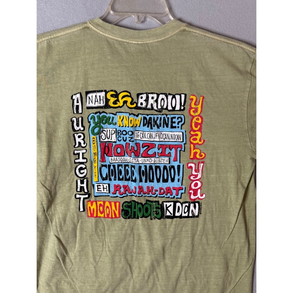 Crazy Shirts Mens M T-Shirt Green New Hemp Dyed Hawaiian Pidgin Slang Graphic